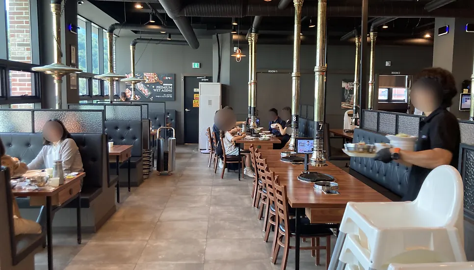 Spacious dining hall with generous gaps between tables