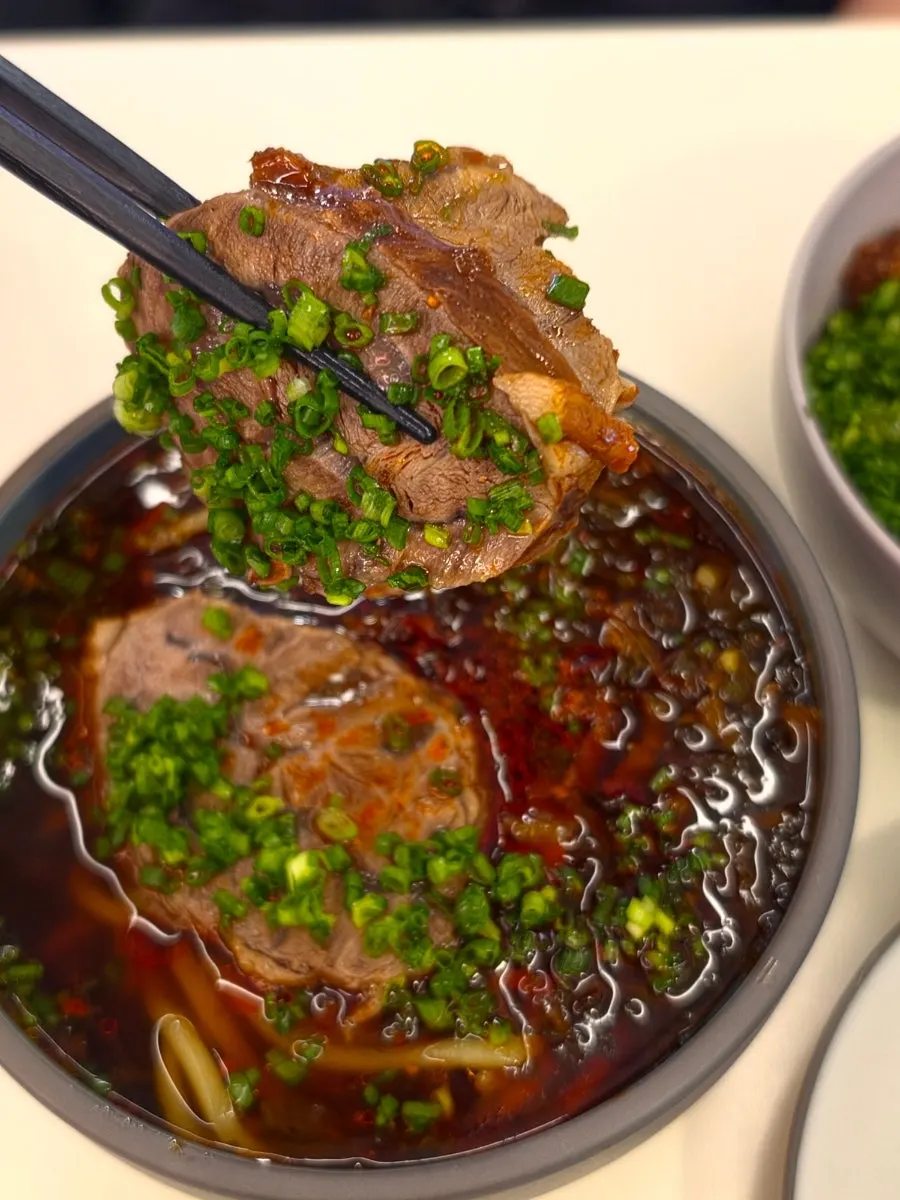 Beef noodle soup with beef and scallions