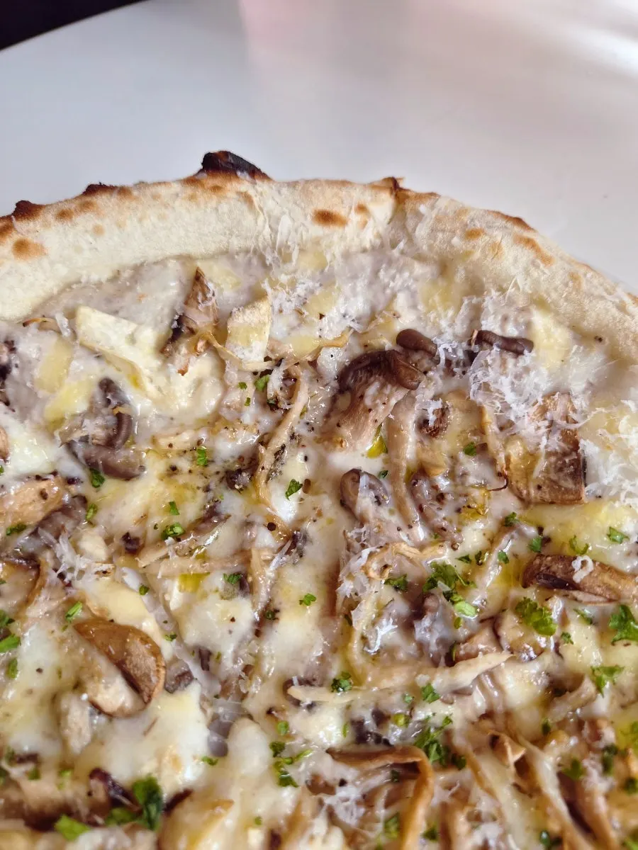Cross-section of pizza with cheese and mushrooms