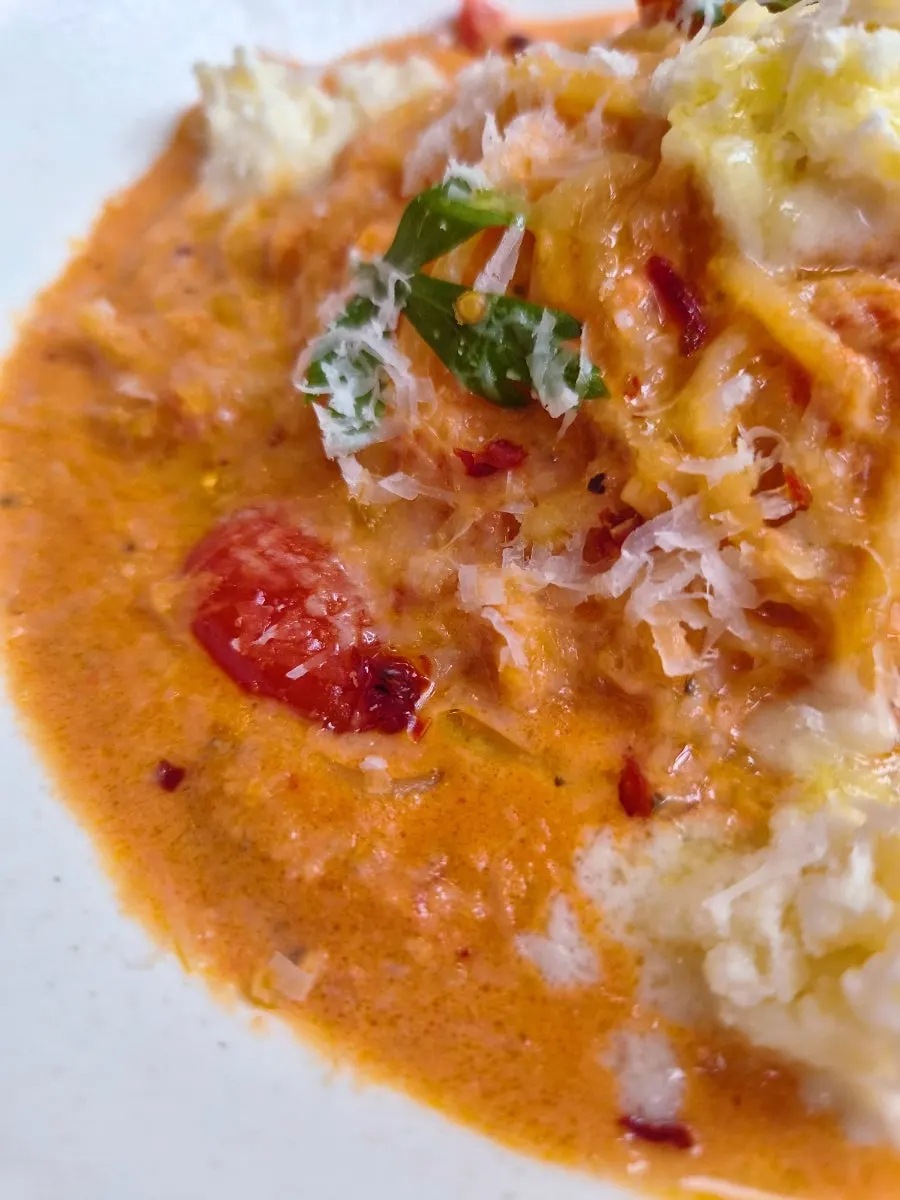 Crab Rose Pasta twirled onto a fork