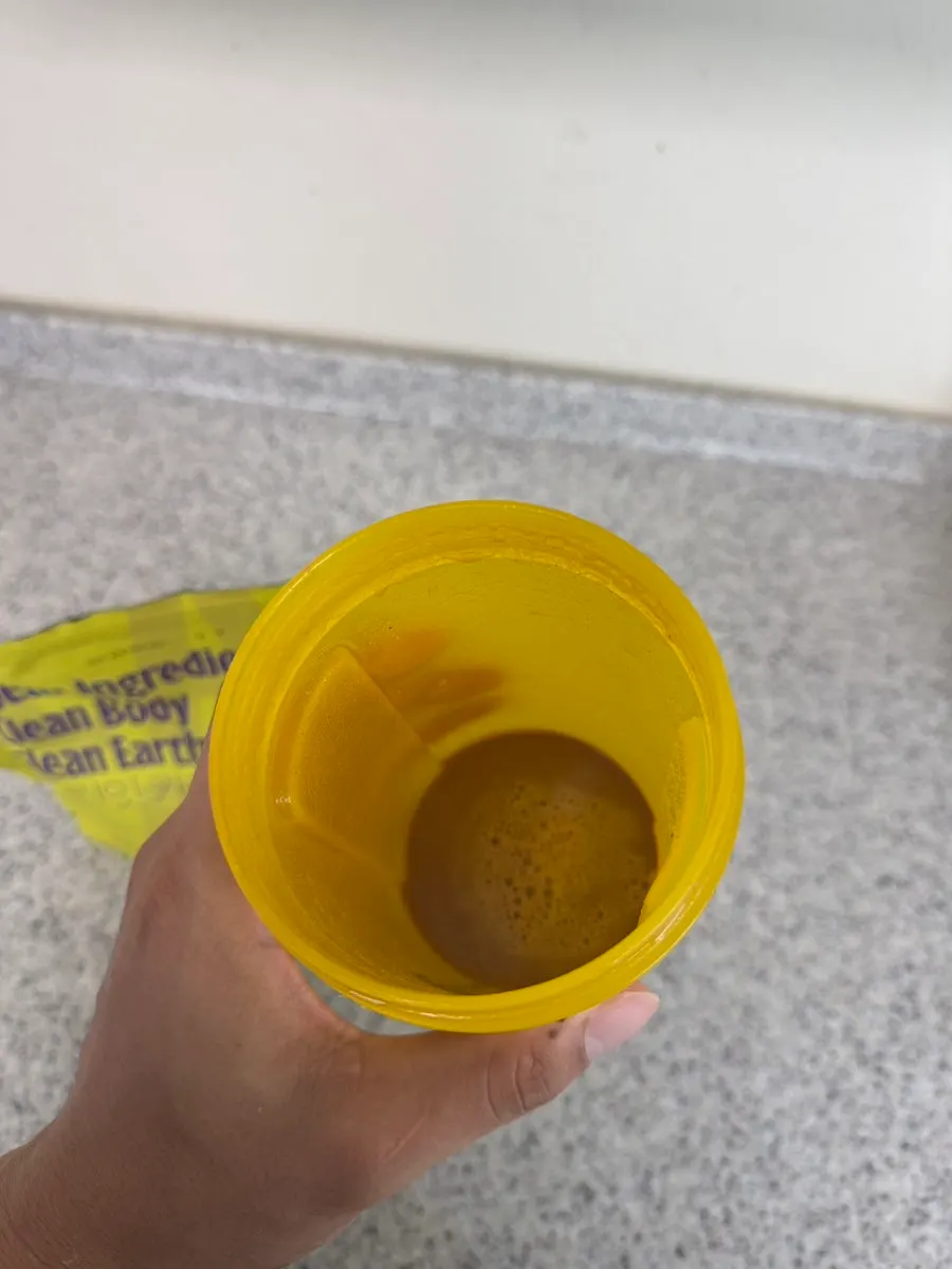 Cacao-flavored protein drunk for breakfast after getting to work