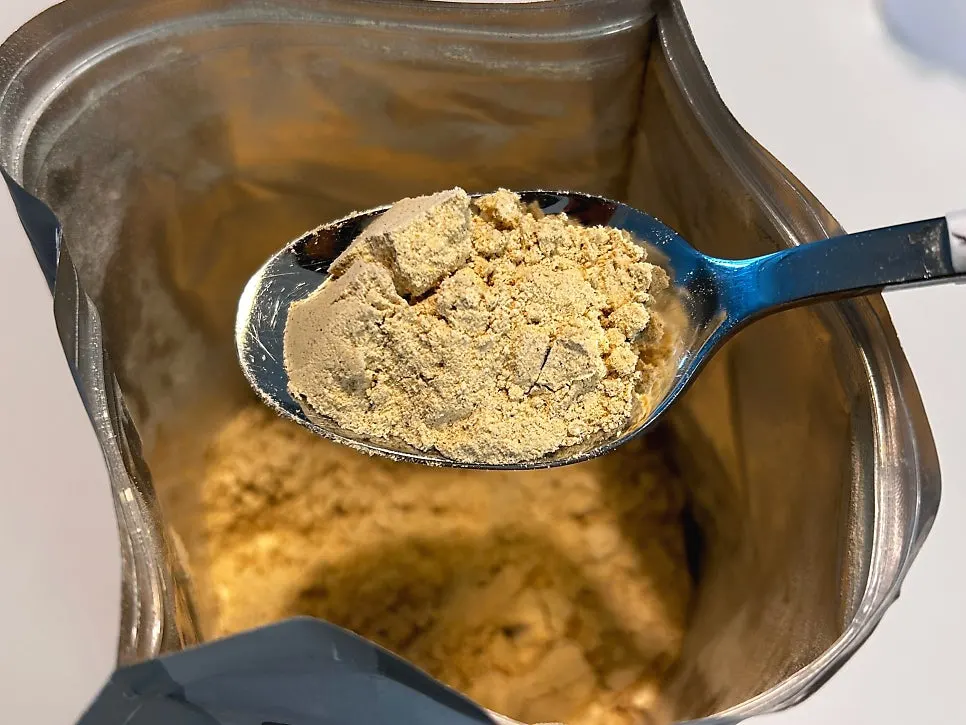 Fine earthy-toned powder inside the opened zipper pouch