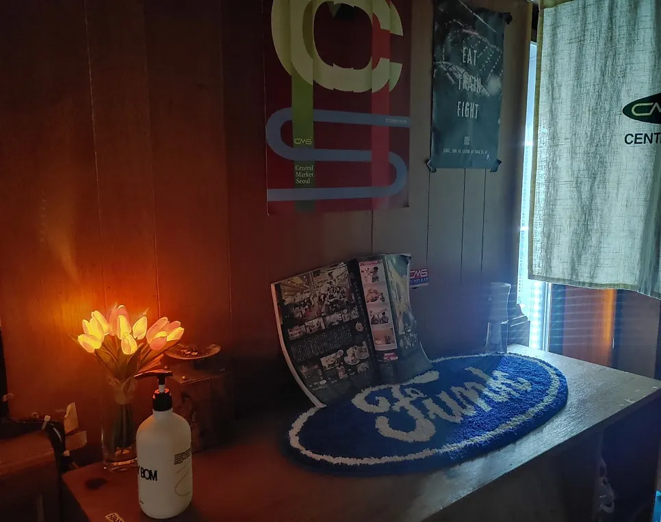 LP가 꽂혀 있는 CMS 사운드바 한쪽 벽