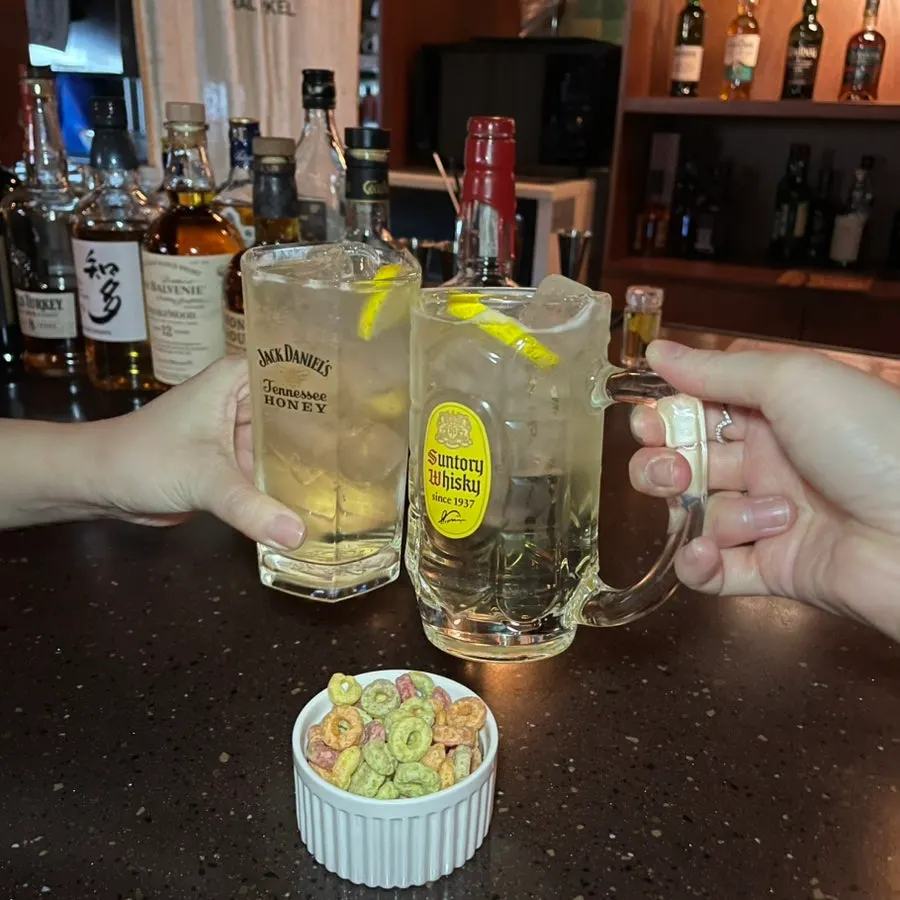 A highball glass under the lights
