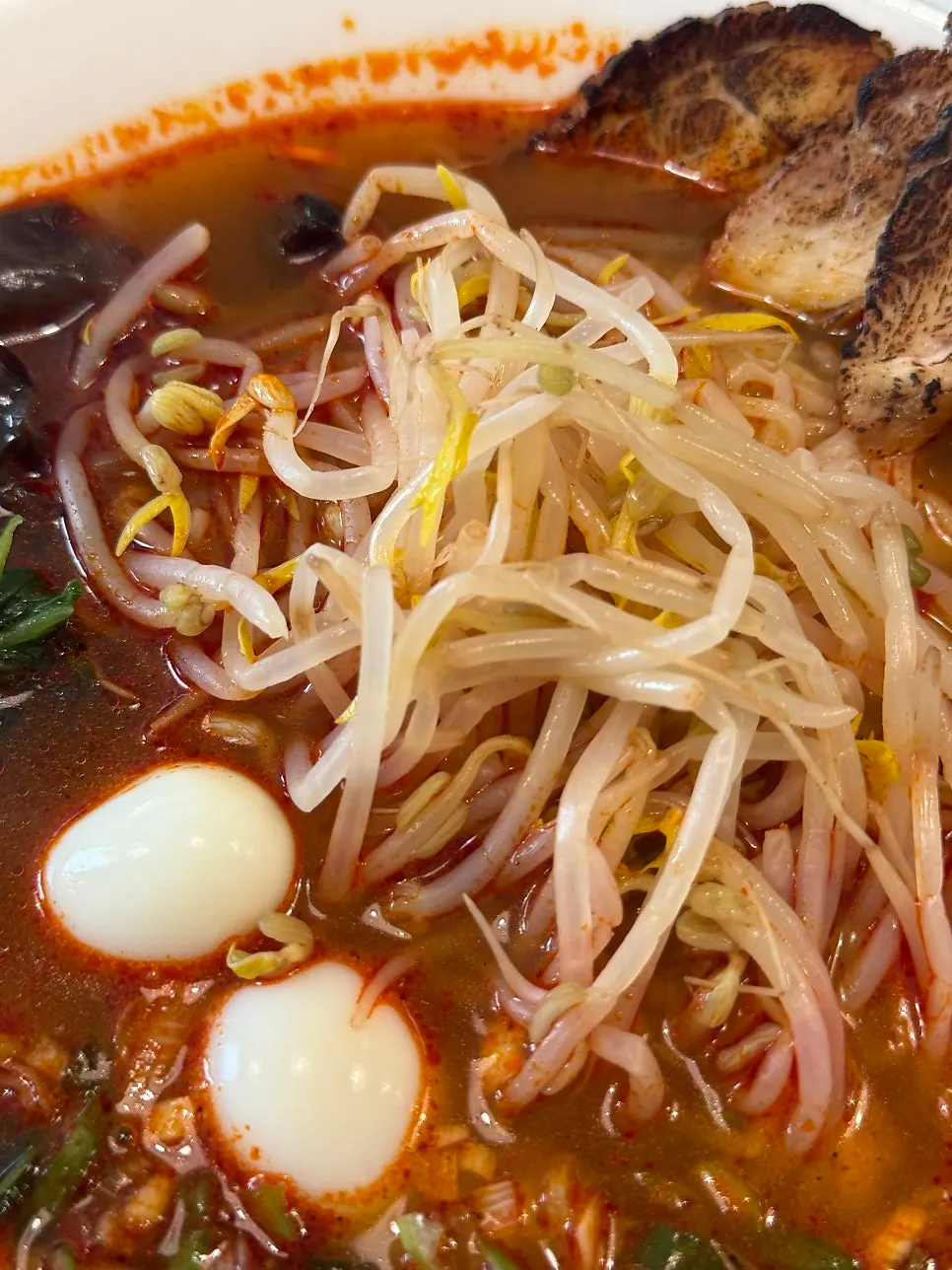 Close-up of the toppings on the spicy char siu ramyeon