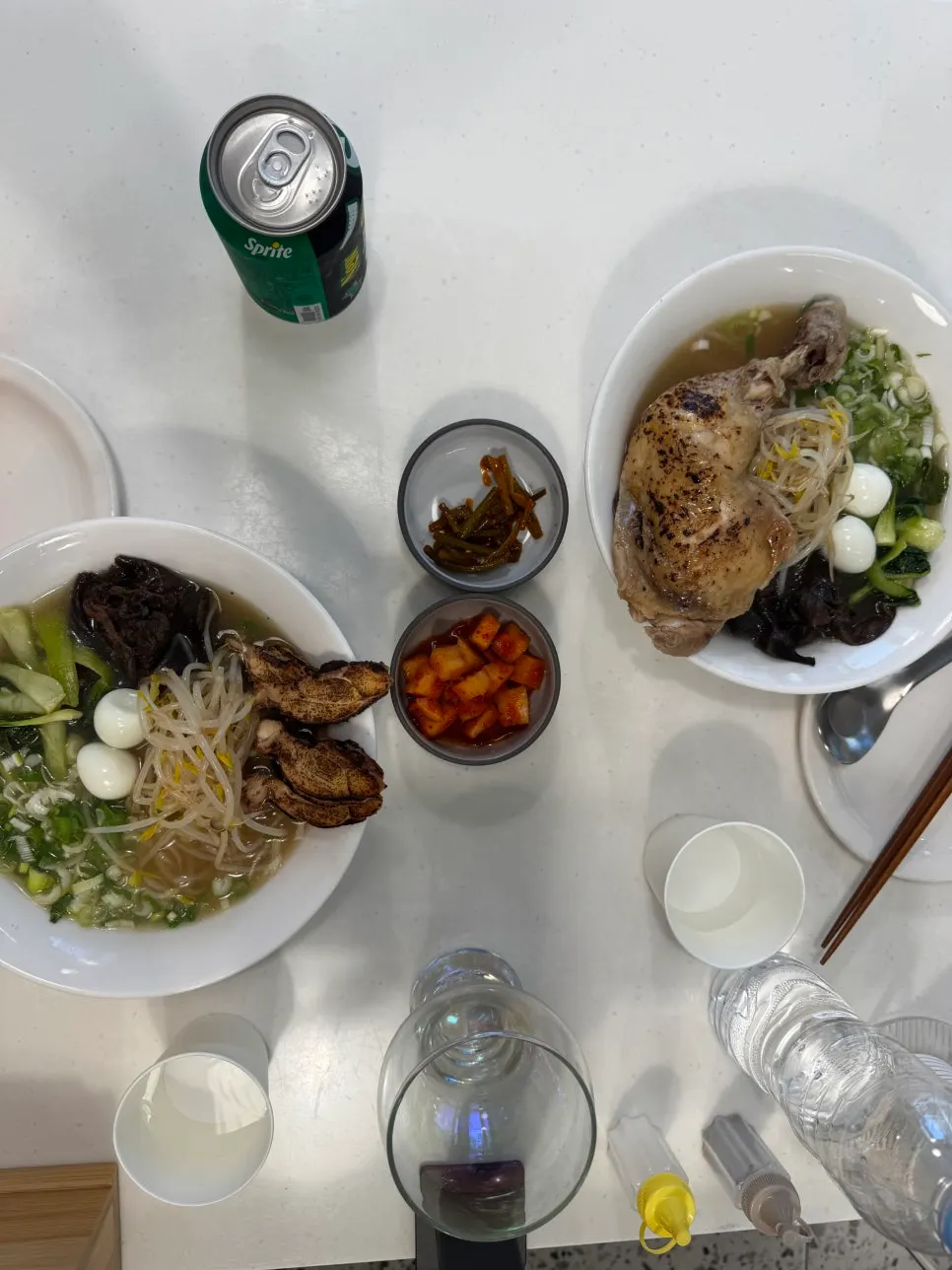 Table set with ordered ramen and dakjeon