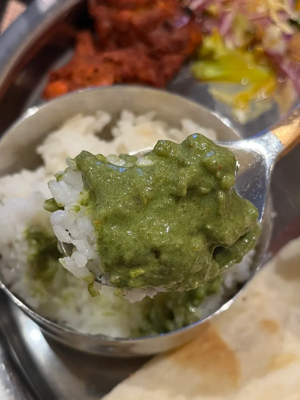 Palak paneer eaten with rice