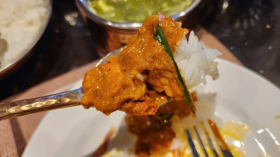 A large piece of naan loaded with curry