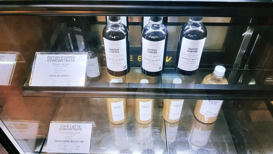 Bottled coffees displayed in the showcase