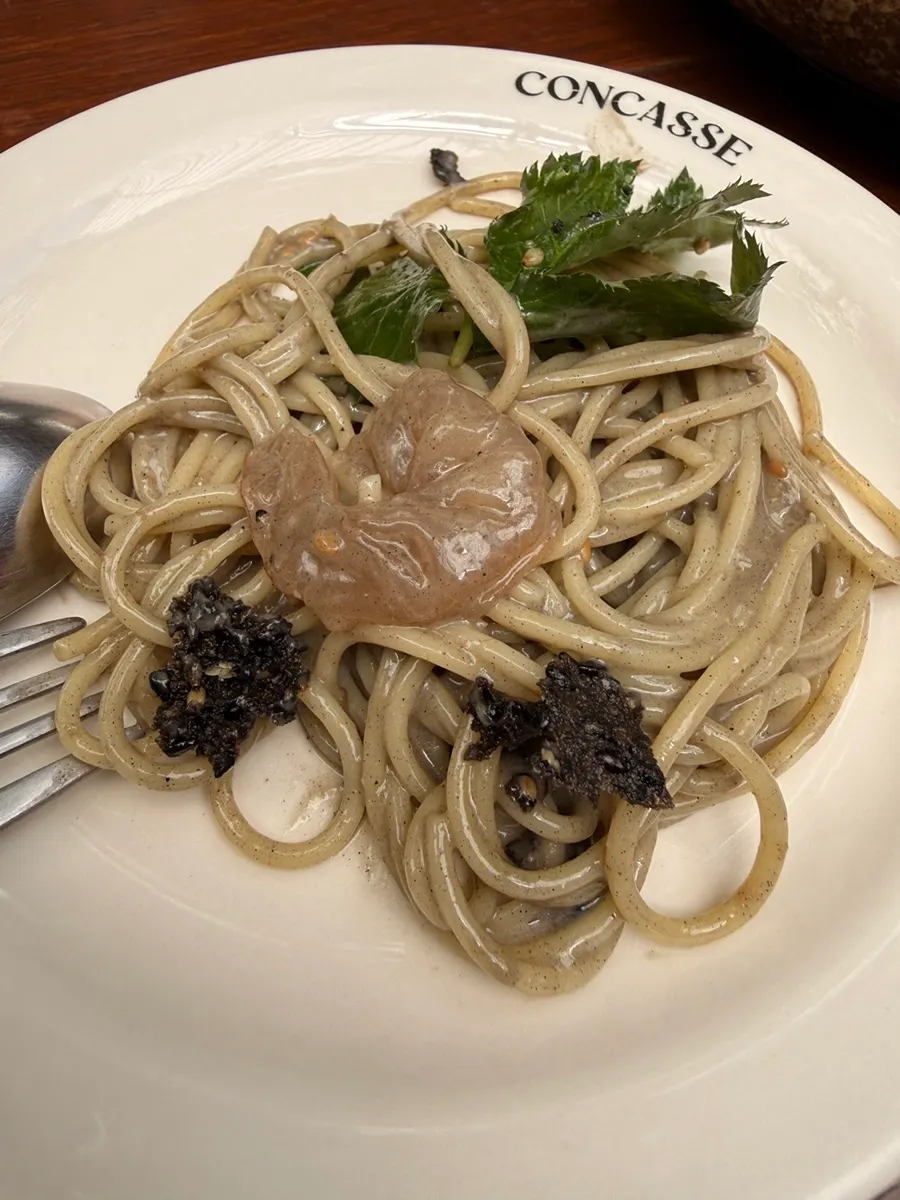 Close-up of soy crab pasta noodles infused with crab flavor
