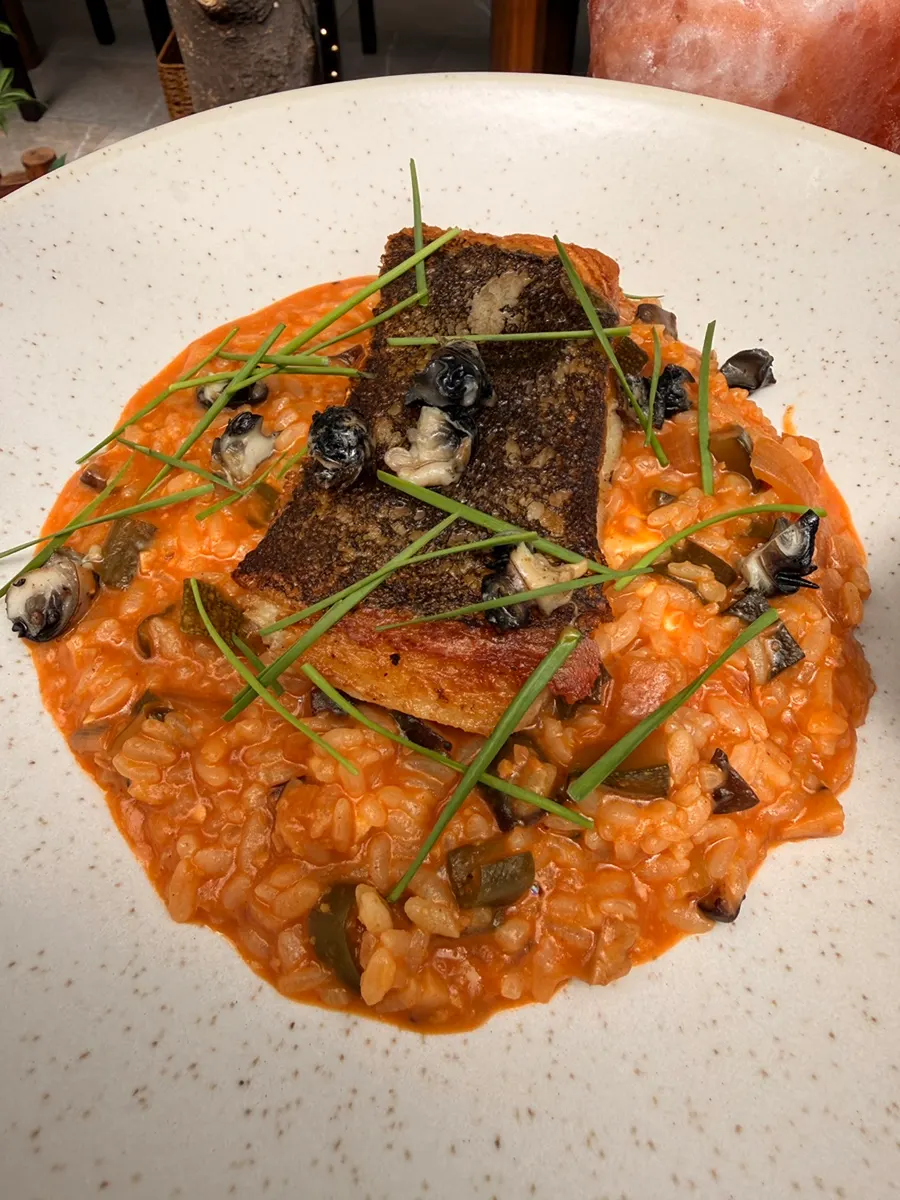 Portion of flounder steak with doenjang risotto served onto a plate