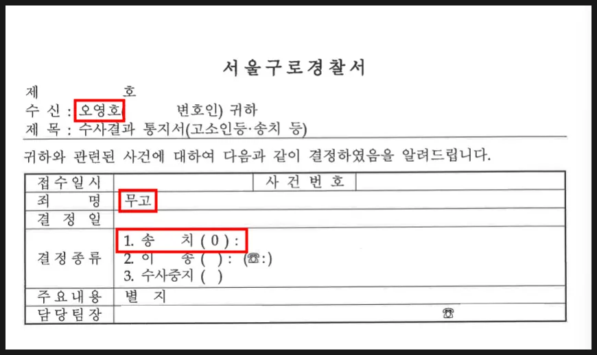 허위 고소인에 대한 무고죄 맞고소 송치 결정 안내