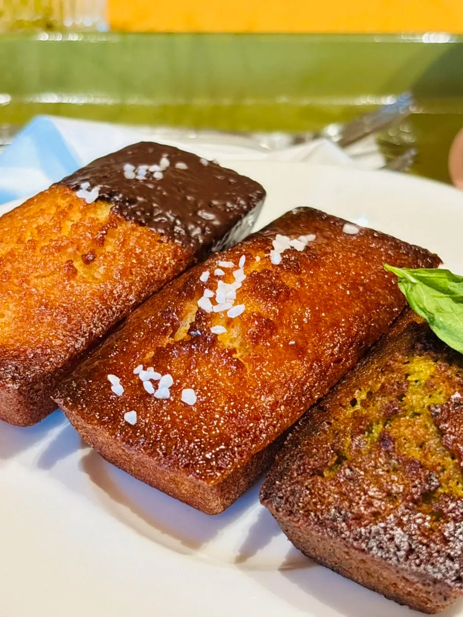 Salty caramel, salt chocolate, and basil financiers