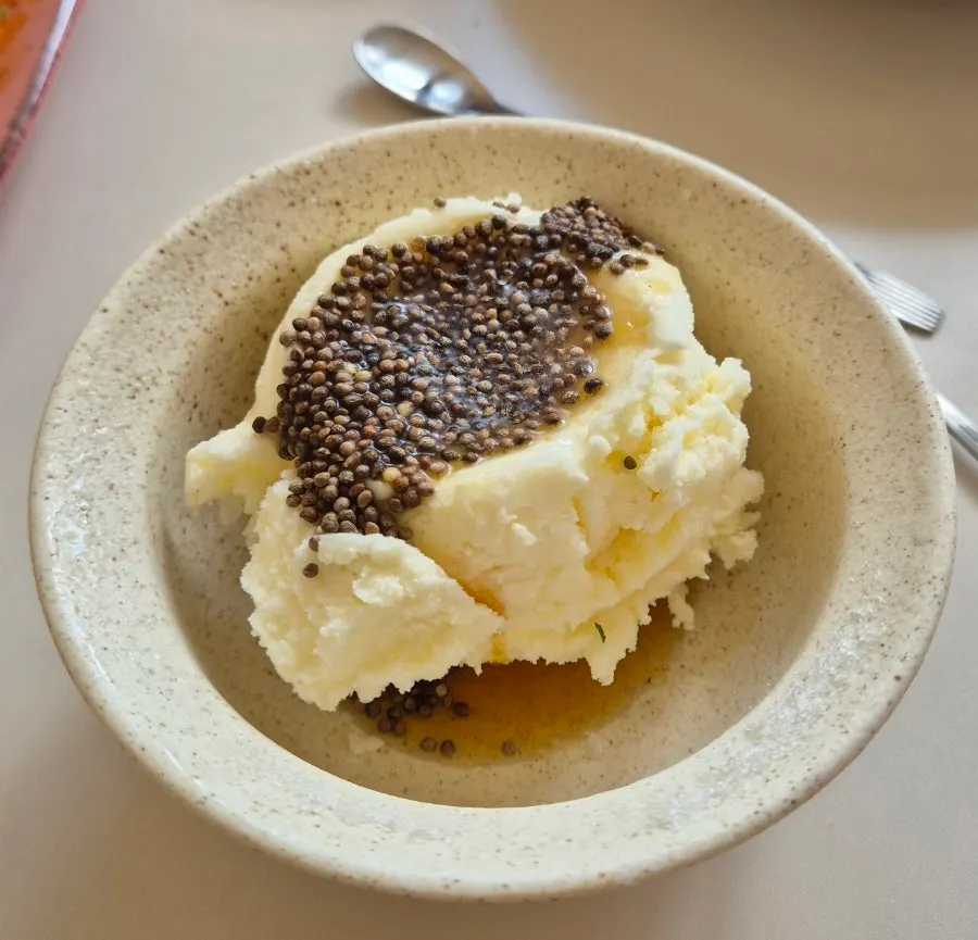 Perilla oil ice cream topped with a savory topping