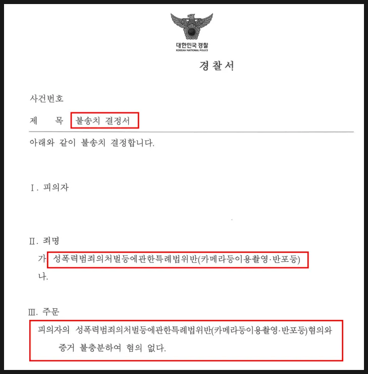 카메라등이용촬영죄 무혐의 불송치 결정 관련 자료