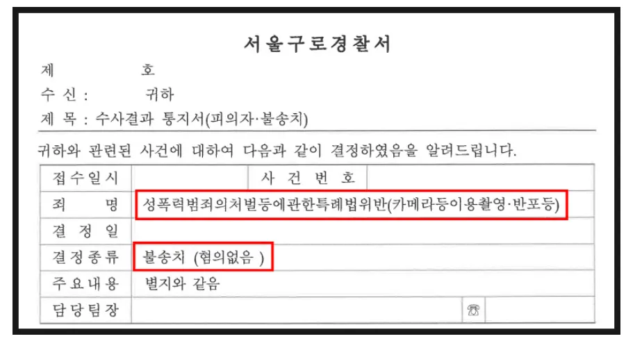 불법촬영 혐의 불송치(혐의없음) 결정 관련 이미지
