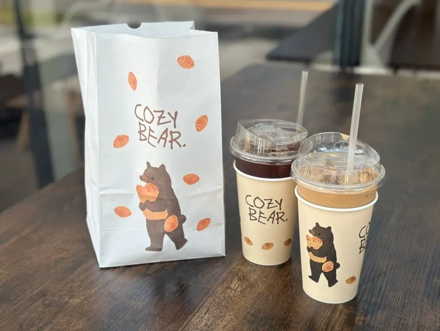 Cozy Bear takeout cup and paper bag