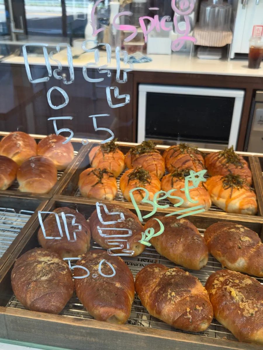 Potato, red-bean butter, and garlic salt bread on display