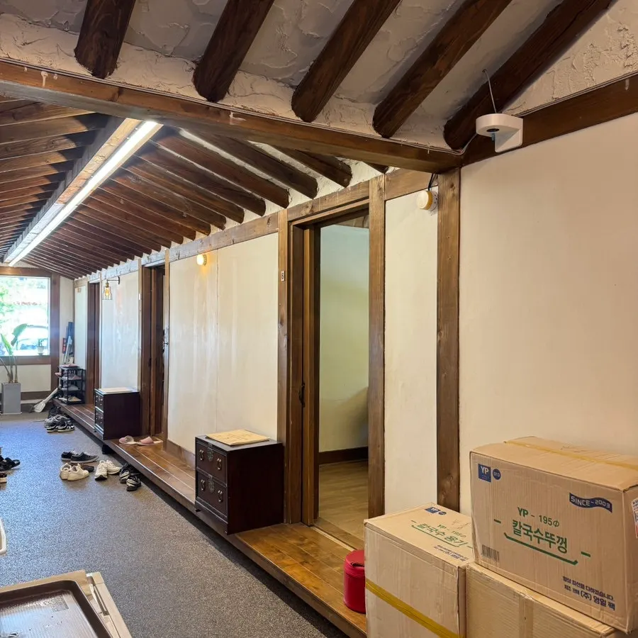 Hall interior with wooden tables