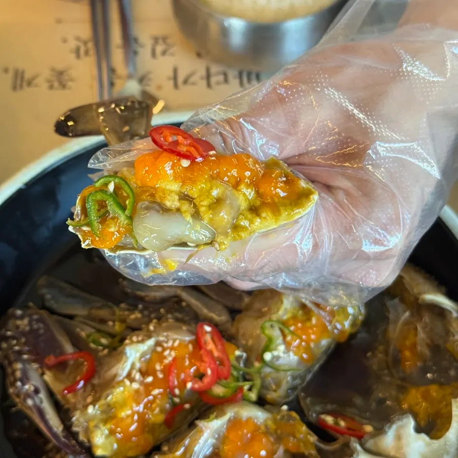 Cross-section of soy crab packed with roe