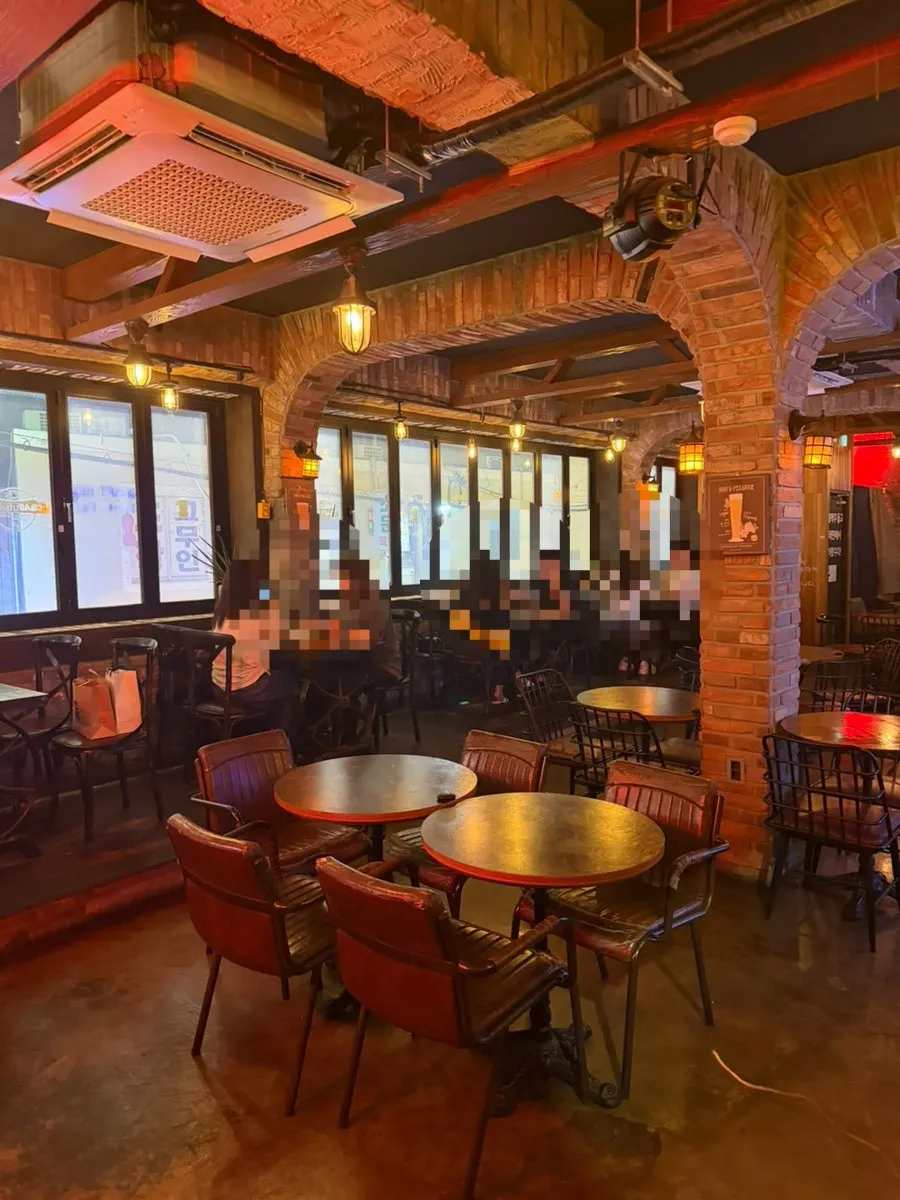 Wood-decorated pub interior table seating