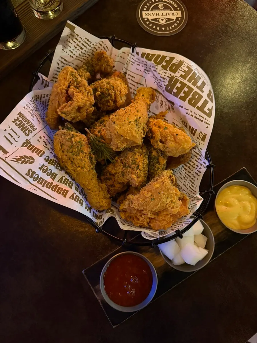 A generous whole serving of Hans Crispy Chicken