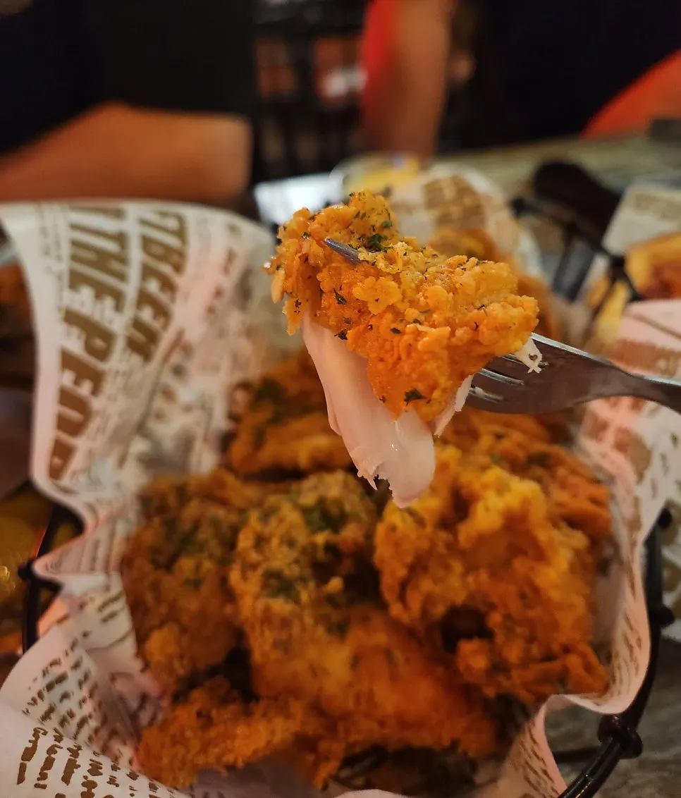 Close-up of Hans crispy chicken