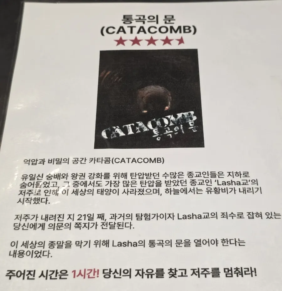 카타콤 통곡의 문 테마 안내문과 난이도 표시