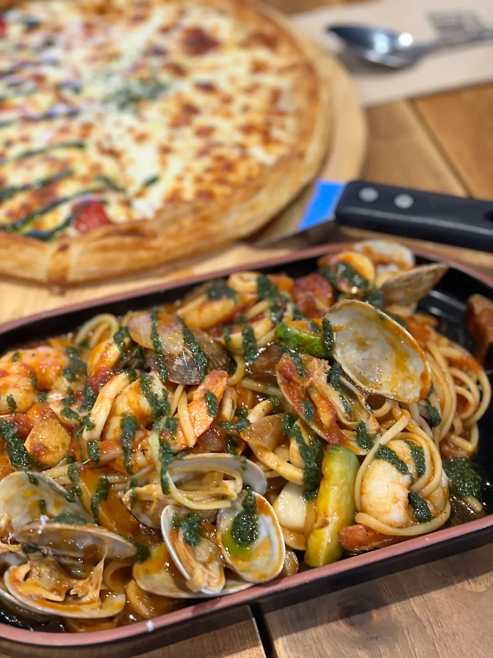 A plate of seafood tomato linguine pasta