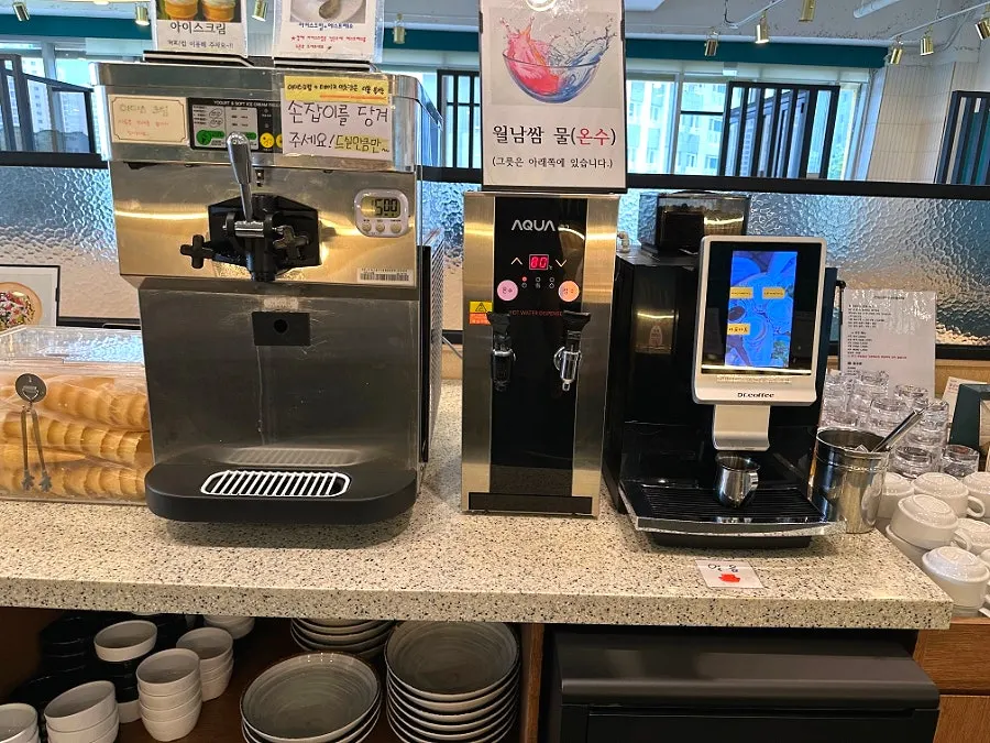 Dessert corner with soft-serve ice cream machine and espresso machine