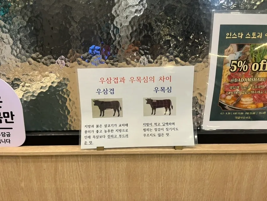 얇게 썰린 우목심과 우삼겹 두 종류 고기