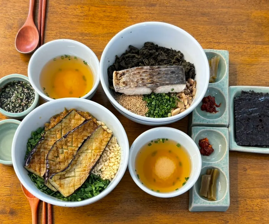 Full spread of mackerel gondre rice and eggplant doenjang rice