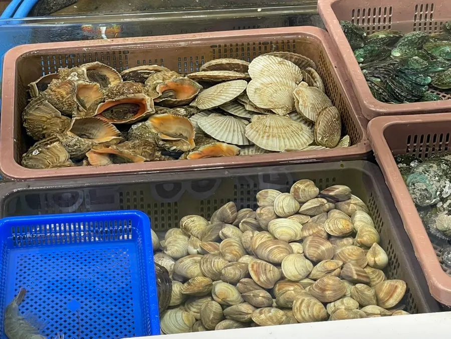 Seafood display stand at the fish market