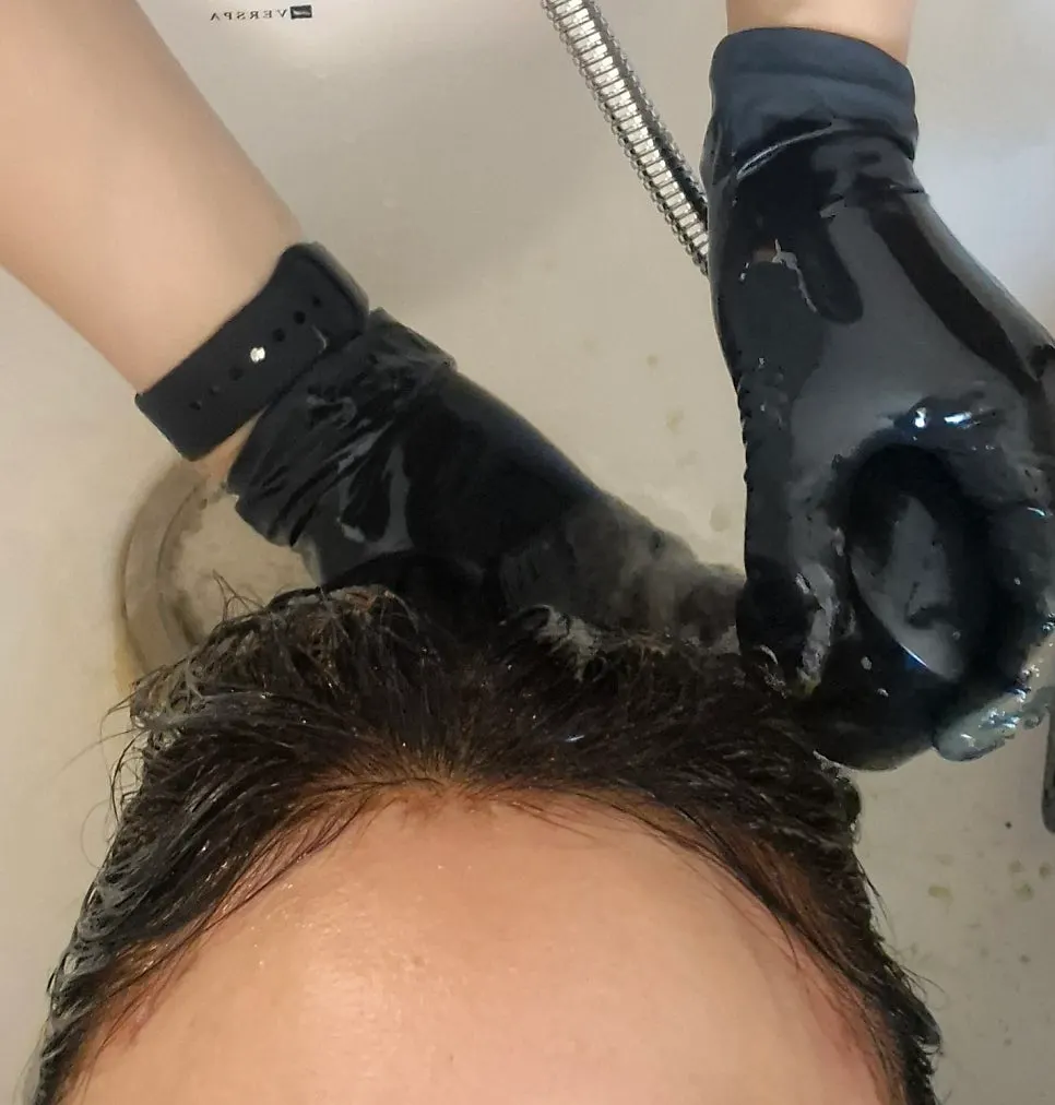 Moving to the shampoo area to rinse after coloring