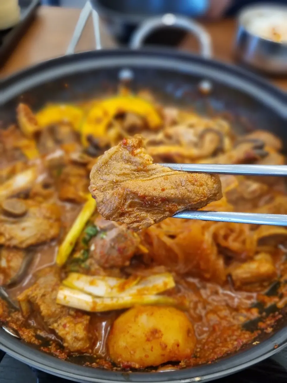 Spicy galbijjim and glass noodles simmering on the induction burner