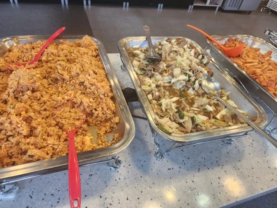 Buffet table set with a variety of dishes