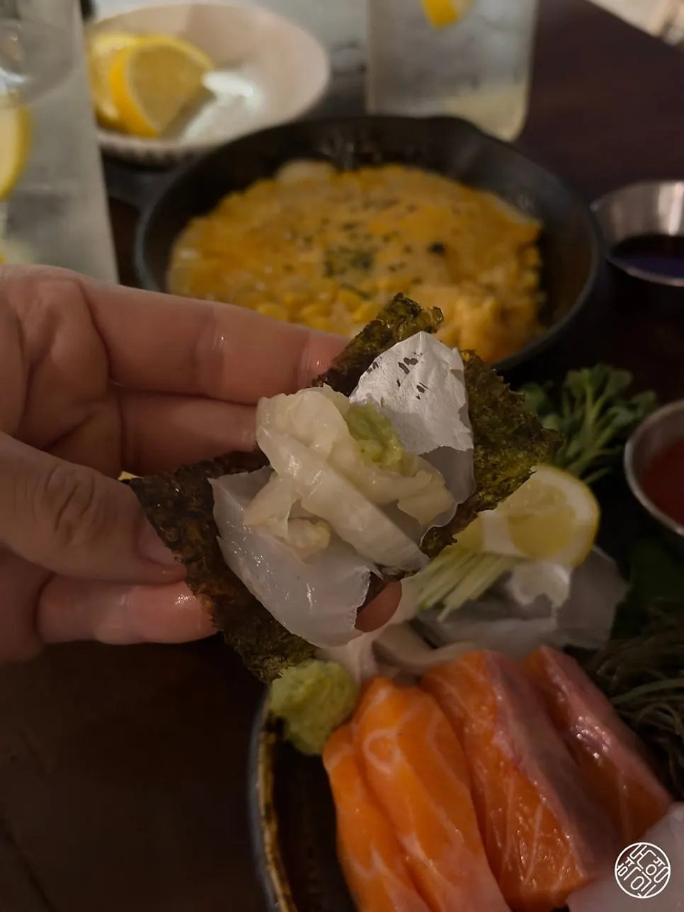 Unlimited seaweed refills served with baek-kimchi and wasabi