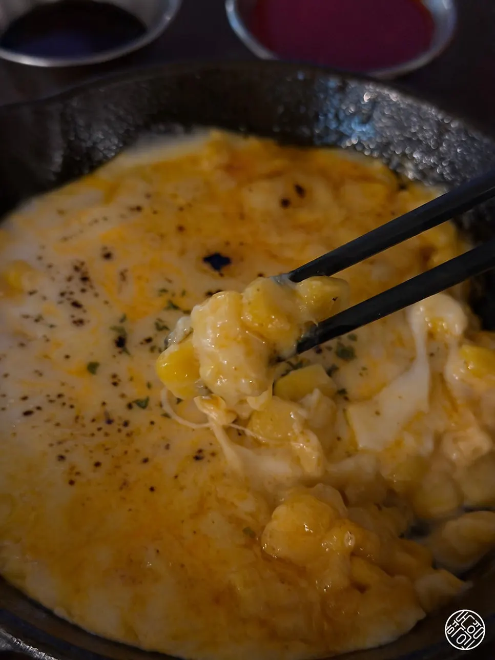 Warm corn cheese with stretchy melted cheese