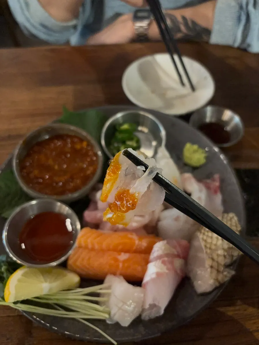 Close-up of thickly sliced aged sashimi
