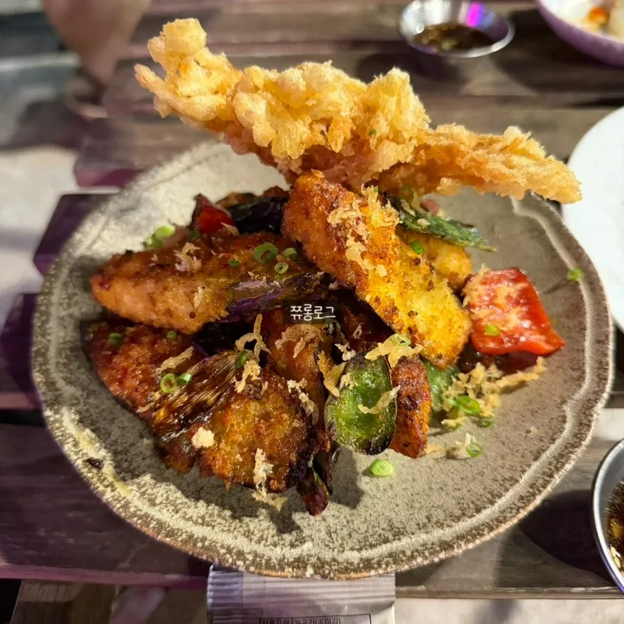 Plate of Daegang's enoki mushroom and eggplant fritters