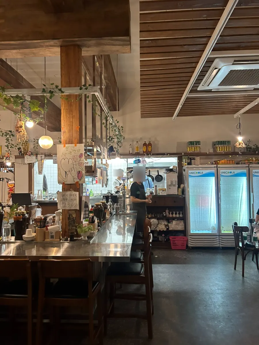 Evening view of Daegang's patio seating