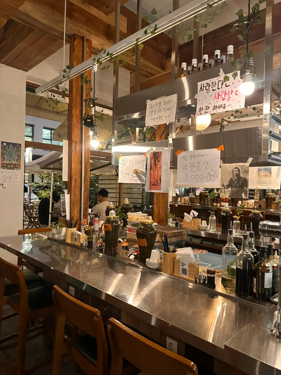 Wide view of Daegang's patio with many tables