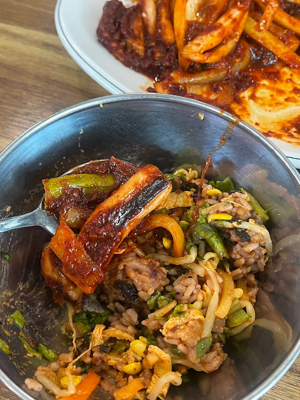 Squid stir-fry on bibimbap