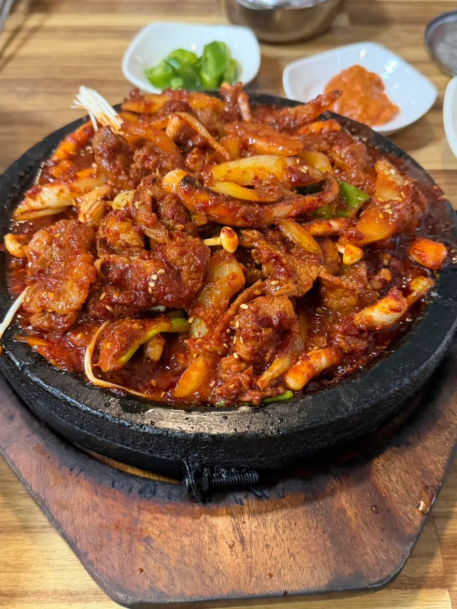 Close-up of fire-grilled squid-pork stir-fry