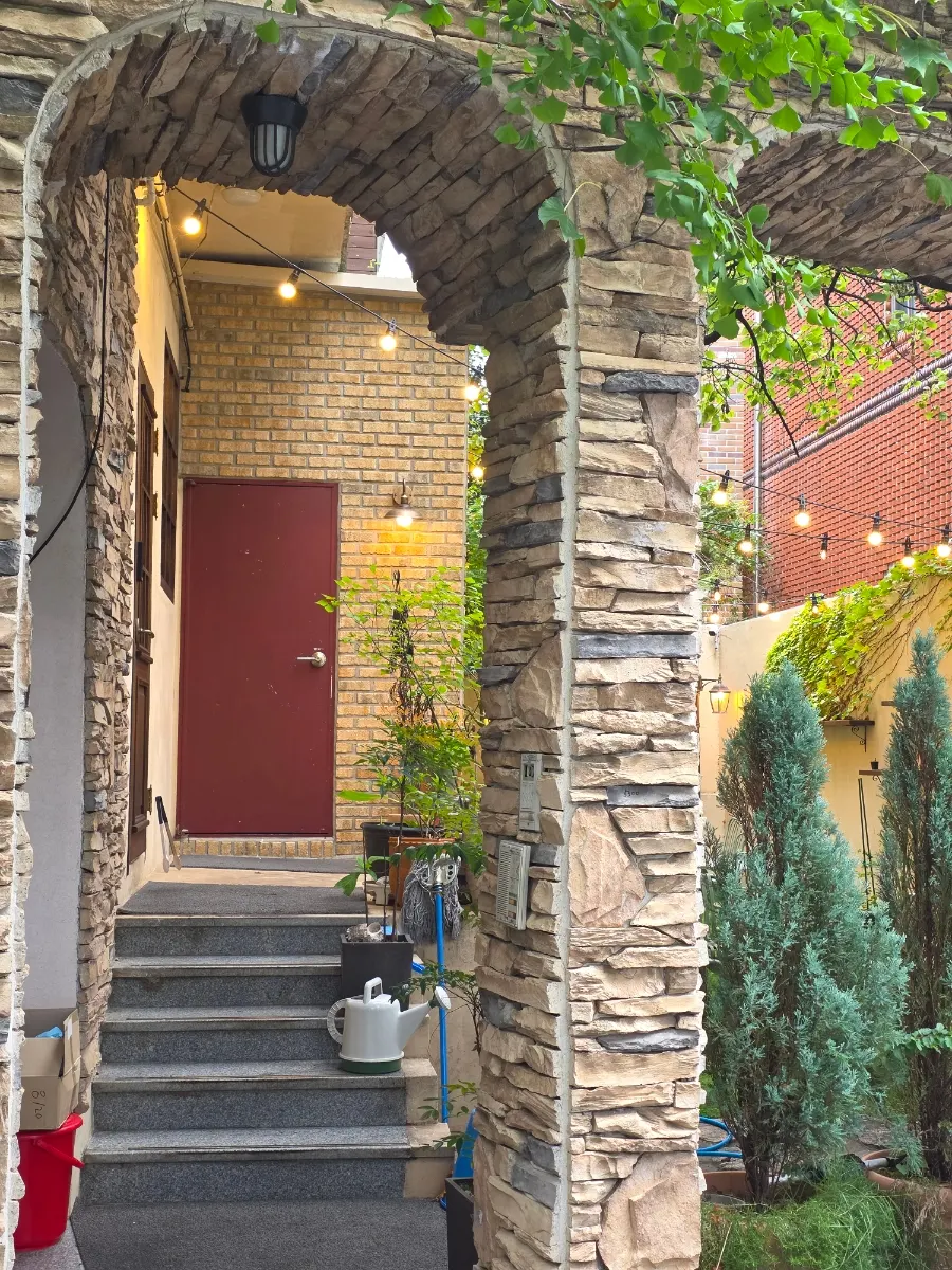 The café's back door looking toward the outdoor area
