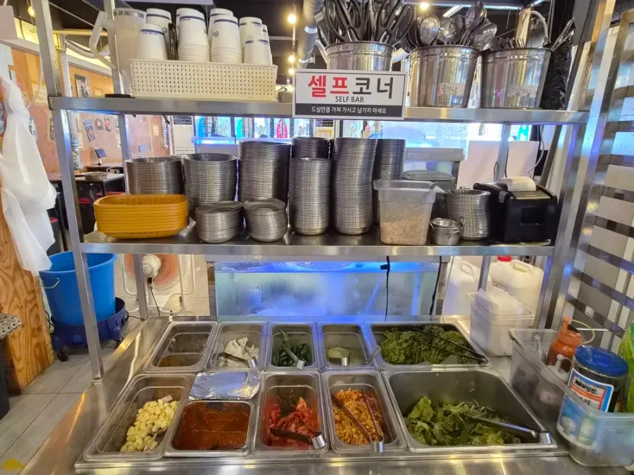 Seafood display including grilled king prawns