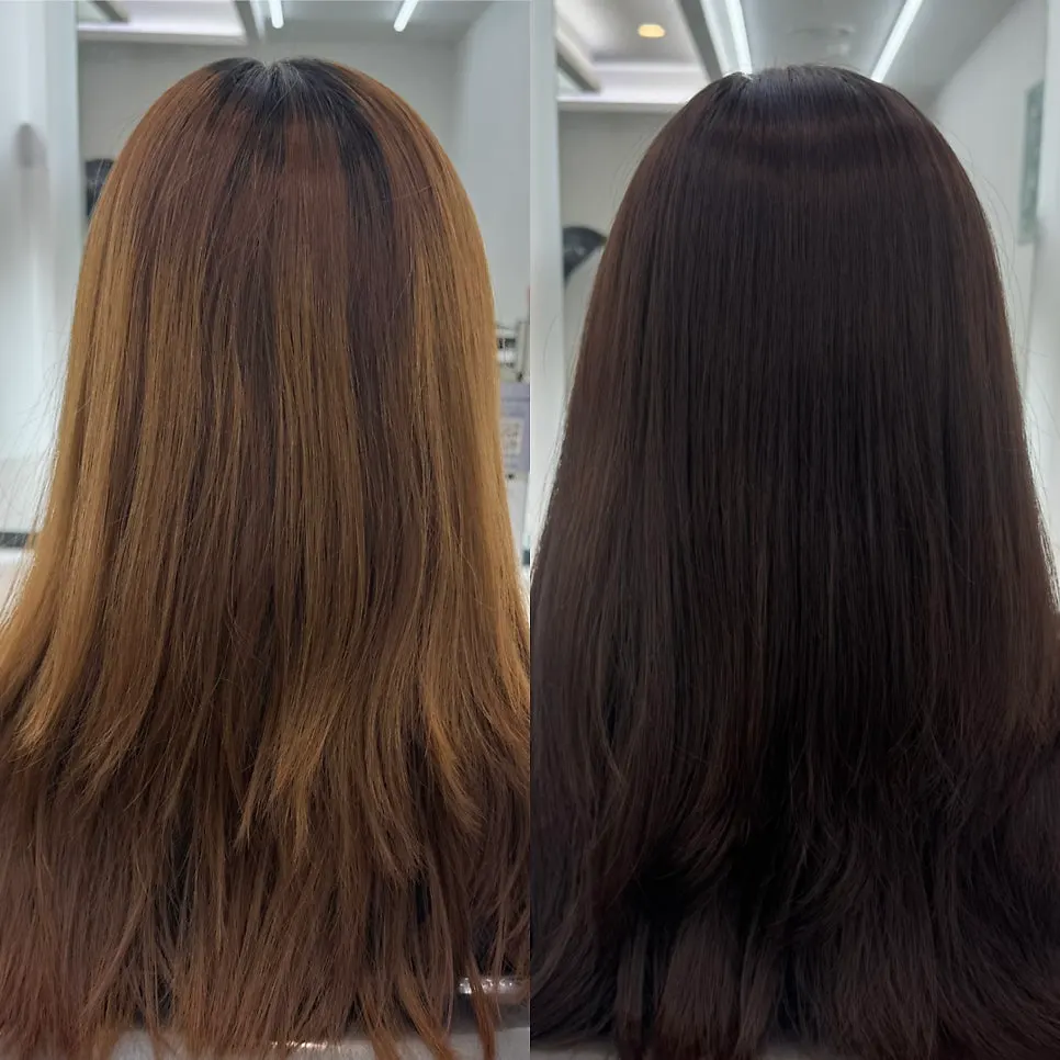 Hair after chocolate brown tone-down color and cut