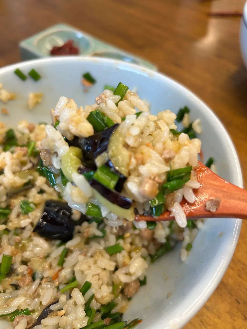Rice bowl with grilled eggplant and doenjang seasoning