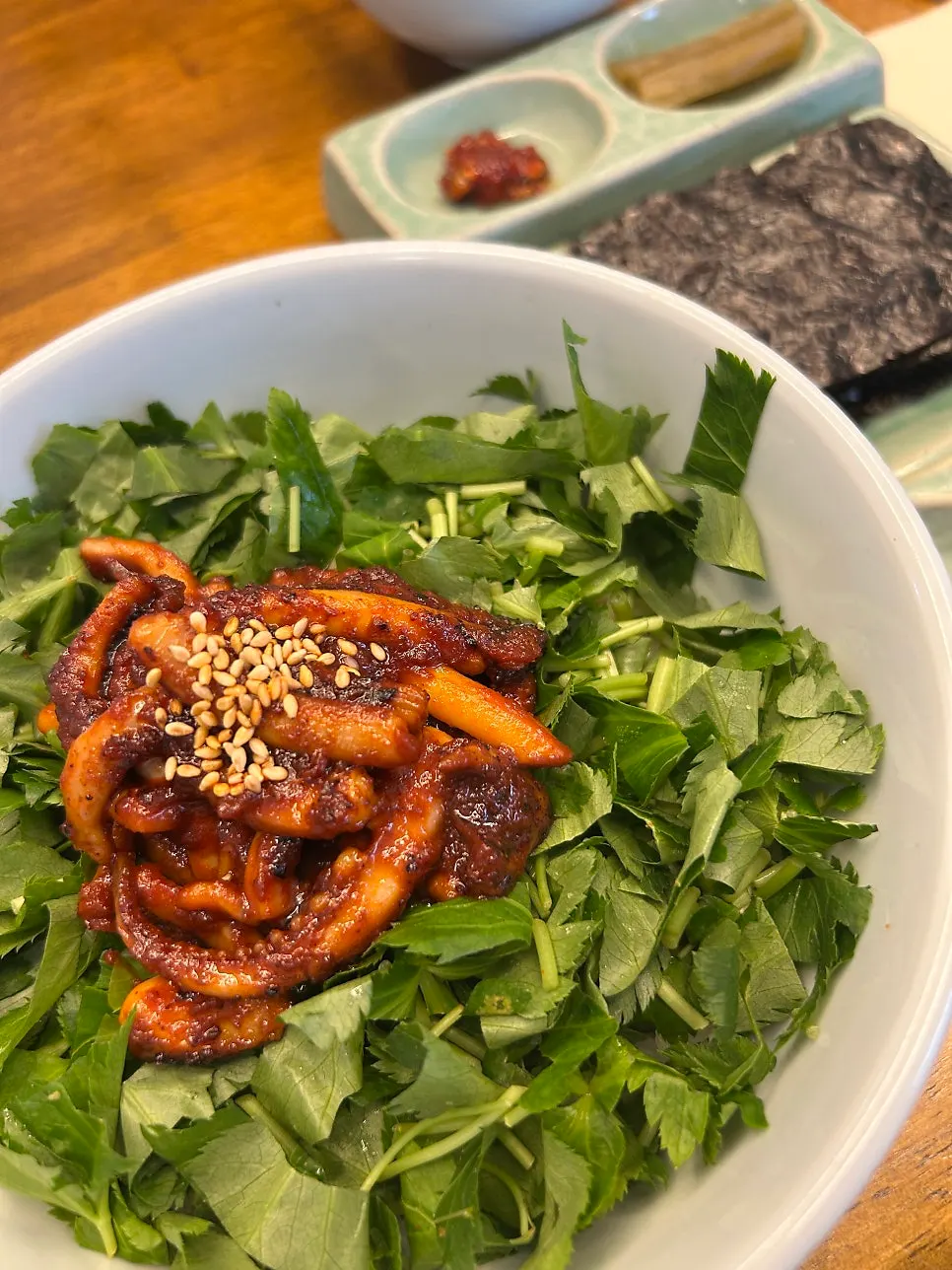 Vinegar served with eggplant doenjang rice