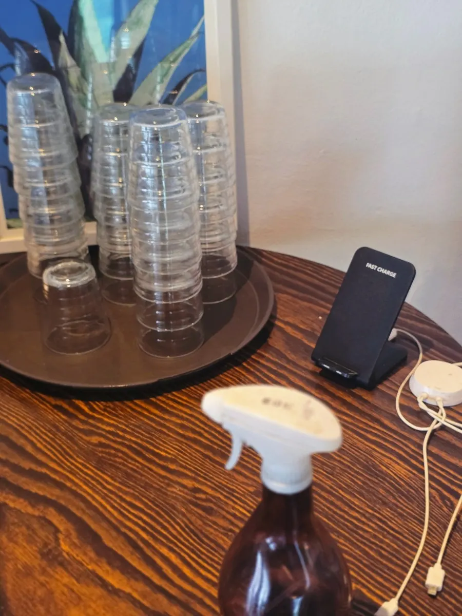 Convenience items in front of the second-floor stairs at Dana